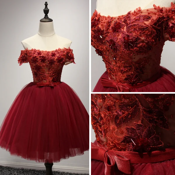 Modern / Fashion Red Party Dresses 2017 Cascading Ruffles Short Ball Gown Off-The-Shoulder Short Sleeve Backless Lace Appliques Beading Bow Sash Formal Dresses