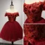 Modern / Fashion Red Party Dresses 2017 Cascading Ruffles Short Ball Gown Off-The-Shoulder Short Sleeve Backless Lace Appliques Beading Bow Sash Formal Dresses
