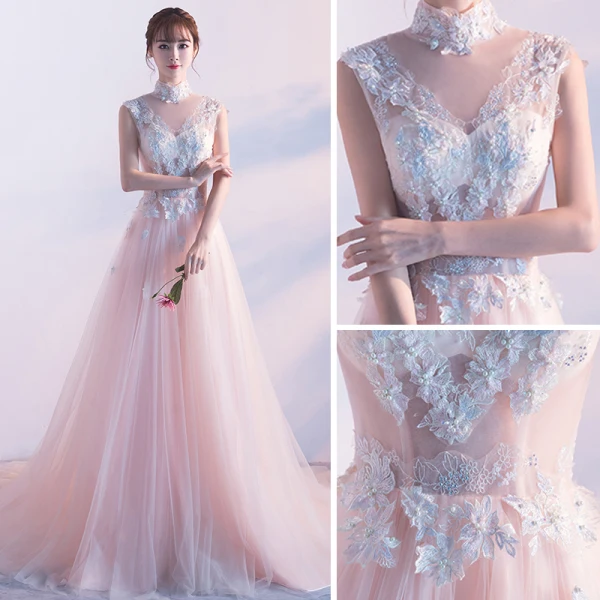 Elegante Parel Roze Doorzichtige Avondjurken 2018 A lijn Hoge Kraag Mouwloos Parel Appliques Kant Doorboord Chapel Train Ruche Gelegenheid Jurken