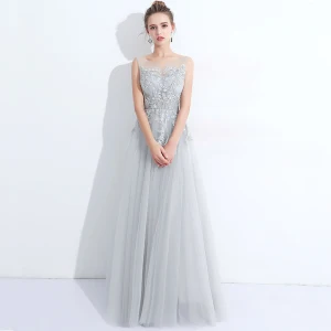 Discount Grey See Through Evening Dresses 2018 A Line Princess Scoop Neck Sleeveless Pearl Appliques Pierced Lace Feather Floor Length Long Ruffle Backless Formal Dresses