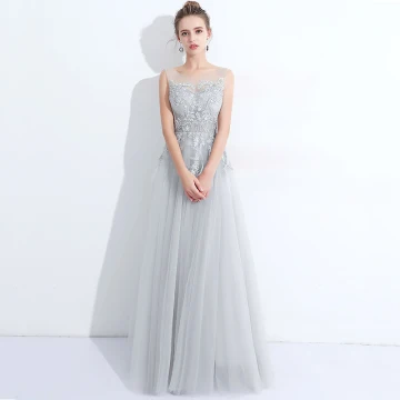 Discount Grey See Through Evening Dresses 2018 A Line Princess Scoop Neck Sleeveless Pearl Appliques Pierced Lace Feather Floor Length Long Ruffle Backless Formal Dresses