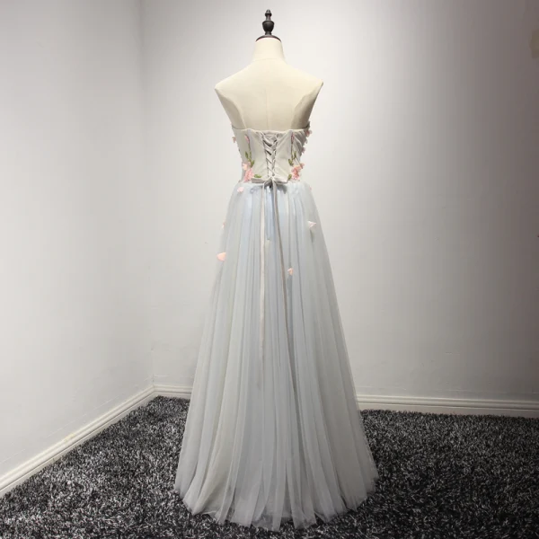 Chic / Beautiful Sky Blue Evening Dresses 2017 A-Line / Princess Floor-Length / Long Cascading Ruffles Strapless Sleeveless Backless Rhinestone Beading Crystal Appliques Flower Formal Dresses