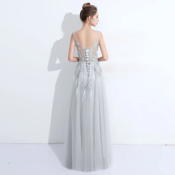 Discount Grey See-through Evening Dresses 2018 A-Line / Princess Scoop Neck Sleeveless Pearl Appliques Pierced Lace Feather Floor-Length / Long Ruffle Backless Formal Dresses