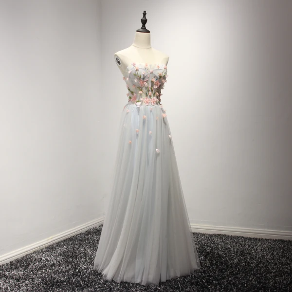 Chic / Beautiful Sky Blue Evening Dresses 2017 A-Line / Princess Floor-Length / Long Cascading Ruffles Strapless Sleeveless Backless Rhinestone Beading Crystal Appliques Flower Formal Dresses