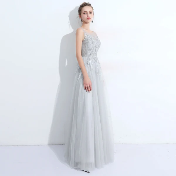 Discount Grey See-through Evening Dresses 2018 A-Line / Princess Scoop Neck Sleeveless Pearl Appliques Pierced Lace Feather Floor-Length / Long Ruffle Backless Formal Dresses
