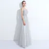 Discount Grey See-through Evening Dresses  2018 A-Line / Princess Scoop Neck Sleeveless Pearl Appliques Pierced Lace Feather Floor-Length / Long Ruffle Backless Formal Dresses