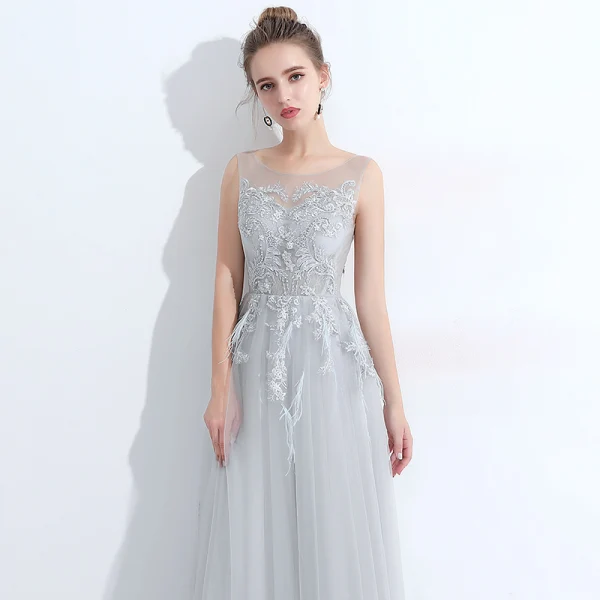 Discount Grey See-through Evening Dresses 2018 A-Line / Princess Scoop Neck Sleeveless Pearl Appliques Pierced Lace Feather Floor-Length / Long Ruffle Backless Formal Dresses