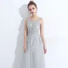 Discount Grey See-through Evening Dresses  2018 A-Line / Princess Scoop Neck Sleeveless Pearl Appliques Pierced Lace Feather Floor-Length / Long Ruffle Backless Formal Dresses