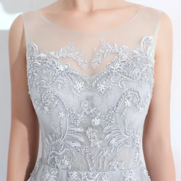 Discount Grey See-through Evening Dresses 2018 A-Line / Princess Scoop Neck Sleeveless Pearl Appliques Pierced Lace Feather Floor-Length / Long Ruffle Backless Formal Dresses