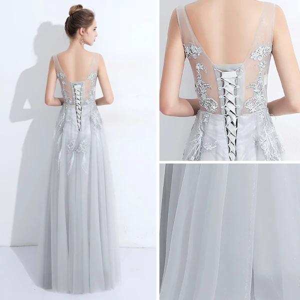 Discount Grey See-through Evening Dresses 2018 A-Line / Princess Scoop Neck Sleeveless Pearl Appliques Pierced Lace Feather Floor-Length / Long Ruffle Backless Formal Dresses