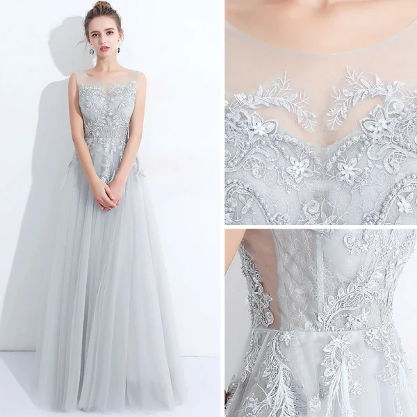 Discount Grey See-through Evening Dresses 2018 A-Line / Princess Scoop Neck Sleeveless Pearl Appliques Pierced Lace Feather Floor-Length / Long Ruffle Backless Formal Dresses
