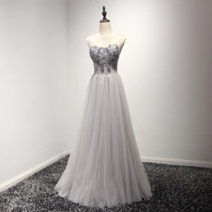 Fine Grå Selskapskjoler 2017 Prinsesse Lange Gripende Ruffles Scoop Halsen Uten Ermer Ryggløse Rhinestone Beading Krystall Paljetter Appliques Boret Formelle Kjoler
