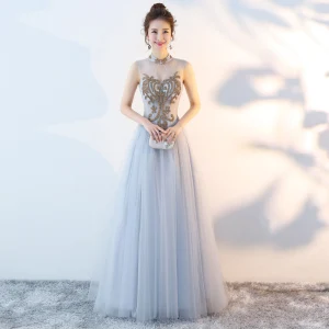 Chinese Style Grey Evening Dresses 2018 A Line Princess High Neck Sleeveless Rhinestone Court Train Ruffle Backless Formal Dresses