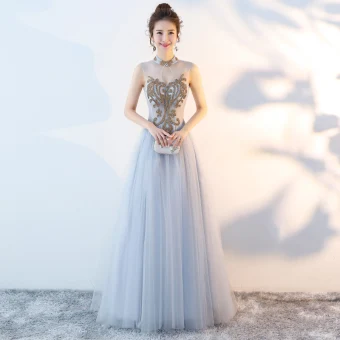 Style Chinois Gris Robe De Soirée 2018 Princesse Col Haut Sans Manches Faux Diamant Tribunal Train Volants Dos Nu Robe De Ceremonie