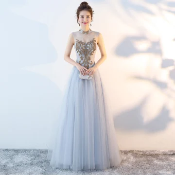 Chinese Style Grey Evening Dresses 2018 A Line Princess High Neck Sleeveless Rhinestone Court Train Ruffle Backless Formal Dresses