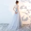 Chinese style Grey Evening Dresses  2018 A-Line / Princess High Neck Sleeveless Rhinestone Court Train Ruffle Backless Formal Dresses