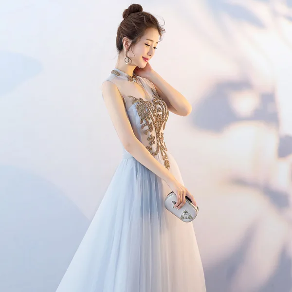 Chinese style Grey Evening Dresses 2018 A-Line / Princess High Neck Sleeveless Rhinestone Court Train Ruffle Backless Formal Dresses