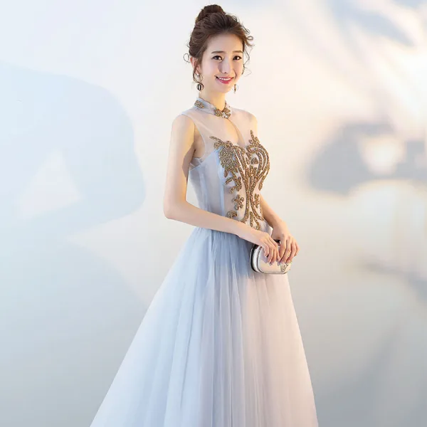 Chinese style Grey Evening Dresses 2018 A-Line / Princess High Neck Sleeveless Rhinestone Court Train Ruffle Backless Formal Dresses