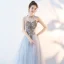 Chinese style Grey Evening Dresses  2018 A-Line / Princess High Neck Sleeveless Rhinestone Court Train Ruffle Backless Formal Dresses