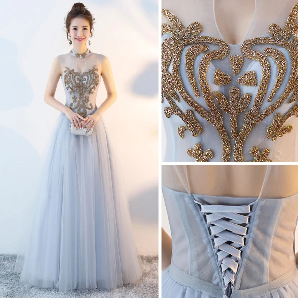 Chinese style Grey Evening Dresses 2018 A-Line / Princess High Neck Sleeveless Rhinestone Court Train Ruffle Backless Formal Dresses