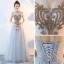 Chinese style Grey Evening Dresses  2018 A-Line / Princess High Neck Sleeveless Rhinestone Court Train Ruffle Backless Formal Dresses
