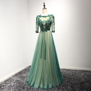 Classic Dark Green Evening Dresses 2017 A Line Princess Floor Length Long Cascading Ruffles Scoop Neck 3 4 Sleeve Backless Lace Appliques Rhinestone Beading Crystal Pearl Pierced Formal Dresses