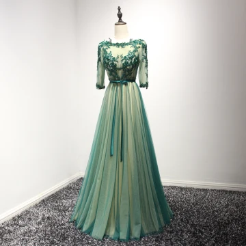 Classique Vert Foncé Robe De Soirée 2017 Princesse Longue Volants En Cascade Encolure Dégagée 3 4 Manches Dos Nu En Dentelle Appliques Faux Diamant Perlage Cristal Perle Percé Robe De Ceremonie