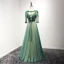 Classic Dark Green Evening Dresses  2017 A-Line / Princess Floor-Length / Long Cascading Ruffles Scoop Neck 3/4 Sleeve Backless Lace Appliques Rhinestone Beading Crystal Pearl Pierced Formal Dresses