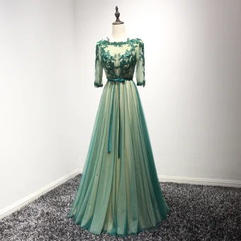 Classic Dark Green Evening Dresses 2017 A Line Princess Floor Length Long Cascading Ruffles Scoop Neck 3 4 Sleeve Backless Lace Appliques Rhinestone Beading Crystal Pearl Pierced Formal Dresses