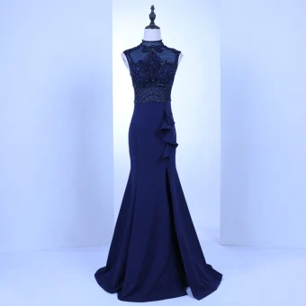 Vintage Retro Royal Blue See Through Evening Dresses 2018 Trumpet Mermaid High Neck Sleeveless Beading Pierced Sweep Train Ruffle Formal Dresses