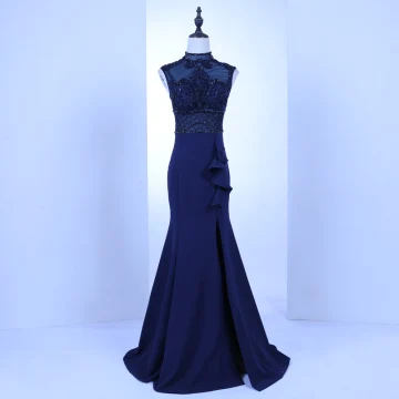 Vintage Retro Royal Blue See Through Evening Dresses 2018 Trumpet Mermaid High Neck Sleeveless Beading Pierced Sweep Train Ruffle Formal Dresses
