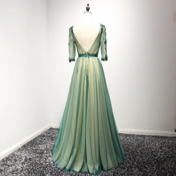Classic Dark Green Evening Dresses 2017 A-Line / Princess Floor-Length / Long Cascading Ruffles Scoop Neck 3/4 Sleeve Backless Lace Appliques Rhinestone Beading Crystal Pearl Pierced Formal Dresses