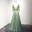 Classic Dark Green Evening Dresses  2017 A-Line / Princess Floor-Length / Long Cascading Ruffles Scoop Neck 3/4 Sleeve Backless Lace Appliques Rhinestone Beading Crystal Pearl Pierced Formal Dresses