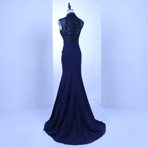 Vintage / Retro Royal Blue See-through Evening Dresses 2018 Trumpet / Mermaid High Neck Sleeveless Beading Pierced Sweep Train Ruffle Formal Dresses