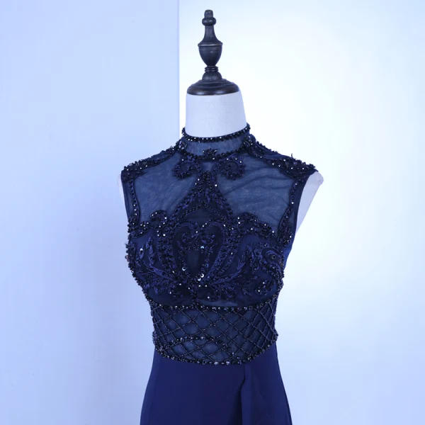 Vintage / Retro Royal Blue See-through Evening Dresses 2018 Trumpet / Mermaid High Neck Sleeveless Beading Pierced Sweep Train Ruffle Formal Dresses
