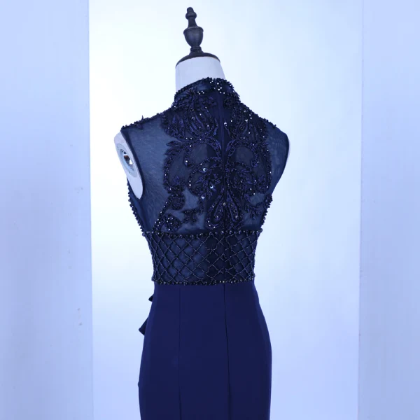 Vintage / Retro Royal Blue See-through Evening Dresses 2018 Trumpet / Mermaid High Neck Sleeveless Beading Pierced Sweep Train Ruffle Formal Dresses