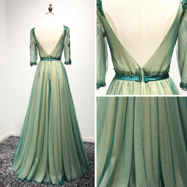 Classic Dark Green Evening Dresses 2017 A-Line / Princess Floor-Length / Long Cascading Ruffles Scoop Neck 3/4 Sleeve Backless Lace Appliques Rhinestone Beading Crystal Pearl Pierced Formal Dresses