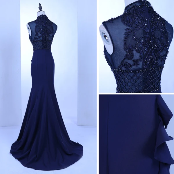 Vintage / Retro Royal Blue See-through Evening Dresses 2018 Trumpet / Mermaid High Neck Sleeveless Beading Pierced Sweep Train Ruffle Formal Dresses
