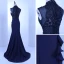 Vintage / Retro Royal Blue See-through Evening Dresses  2018 Trumpet / Mermaid High Neck Sleeveless Beading Pierced Sweep Train Ruffle Formal Dresses