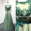 Classic Dark Green Evening Dresses  2017 A-Line / Princess Floor-Length / Long Cascading Ruffles Scoop Neck 3/4 Sleeve Backless Lace Appliques Rhinestone Beading Crystal Pearl Pierced Formal Dresses