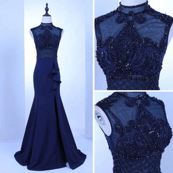 Vintage / Retro Royal Blue See-through Evening Dresses 2018 Trumpet / Mermaid High Neck Sleeveless Beading Pierced Sweep Train Ruffle Formal Dresses
