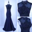 Vintage / Retro Royal Blue See-through Evening Dresses  2018 Trumpet / Mermaid High Neck Sleeveless Beading Pierced Sweep Train Ruffle Formal Dresses