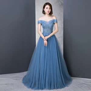 Mote Hav Blå Selskapskjoler 2018 Prinsesse Av Skulderen Korte Ermer Appliques Blonder Beading Perle Rhinestone Feie Tog Buste Ryggløse Formelle Kjoler