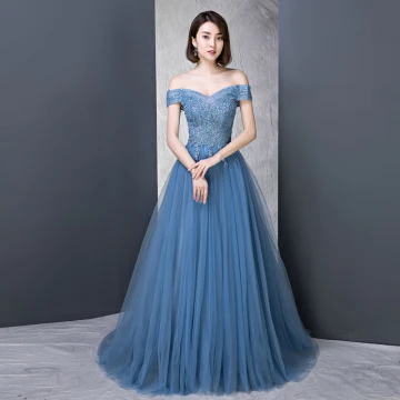 Modern Fashion Ocean Blue Evening Dresses 2018 A Line Princess Off The Shoulder Short Sleeve Appliques Lace Beading Pearl Rhinestone Sweep Train Ruffle Backless Formal Dresses