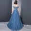 Modern / Fashion Ocean Blue Evening Dresses  2018 A-Line / Princess Off-The-Shoulder Short Sleeve Appliques Lace Beading Pearl Rhinestone Sweep Train Ruffle Backless Formal Dresses