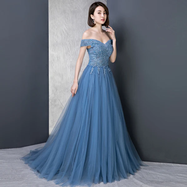 Modern / Fashion Ocean Blue Evening Dresses  2018 A-Line / Princess Off-The-Shoulder Short Sleeve Appliques Lace Beading Pearl Rhinestone Sweep Train Ruffle Backless Formal Dresses