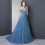 Modern / Fashion Ocean Blue Evening Dresses  2018 A-Line / Princess Off-The-Shoulder Short Sleeve Appliques Lace Beading Pearl Rhinestone Sweep Train Ruffle Backless Formal Dresses
