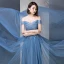 Modern / Fashion Ocean Blue Evening Dresses  2018 A-Line / Princess Off-The-Shoulder Short Sleeve Appliques Lace Beading Pearl Rhinestone Sweep Train Ruffle Backless Formal Dresses
