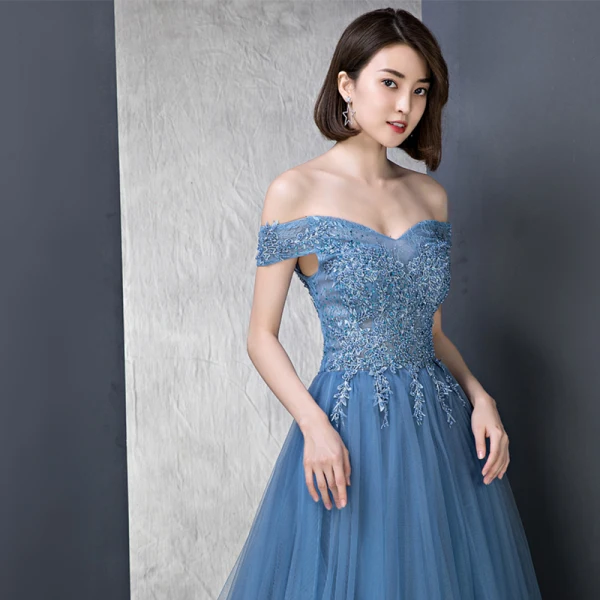 Modern / Fashion Ocean Blue Evening Dresses  2018 A-Line / Princess Off-The-Shoulder Short Sleeve Appliques Lace Beading Pearl Rhinestone Sweep Train Ruffle Backless Formal Dresses