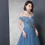 Modern / Fashion Ocean Blue Evening Dresses  2018 A-Line / Princess Off-The-Shoulder Short Sleeve Appliques Lace Beading Pearl Rhinestone Sweep Train Ruffle Backless Formal Dresses